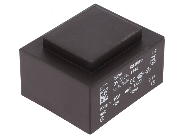 Transformator: ingegoten; 12VA; 230VAC; 12V; 1A; PCB; 74x47,3x35mm Transformator: ingegoten; 12VA; 230VAC; 12V; 1A; PCB; 74x47,3x35mm